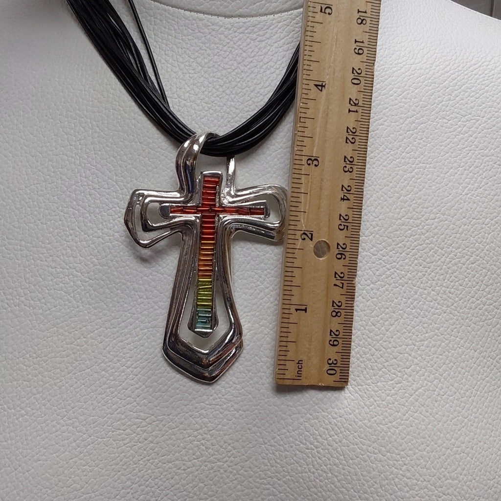 Colorful Cross Pendant Necklace on Multi-Strand Black Cord