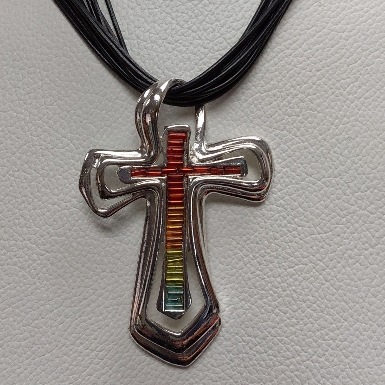 Colorful Cross Pendant Necklace on Multi-Strand Black Cord