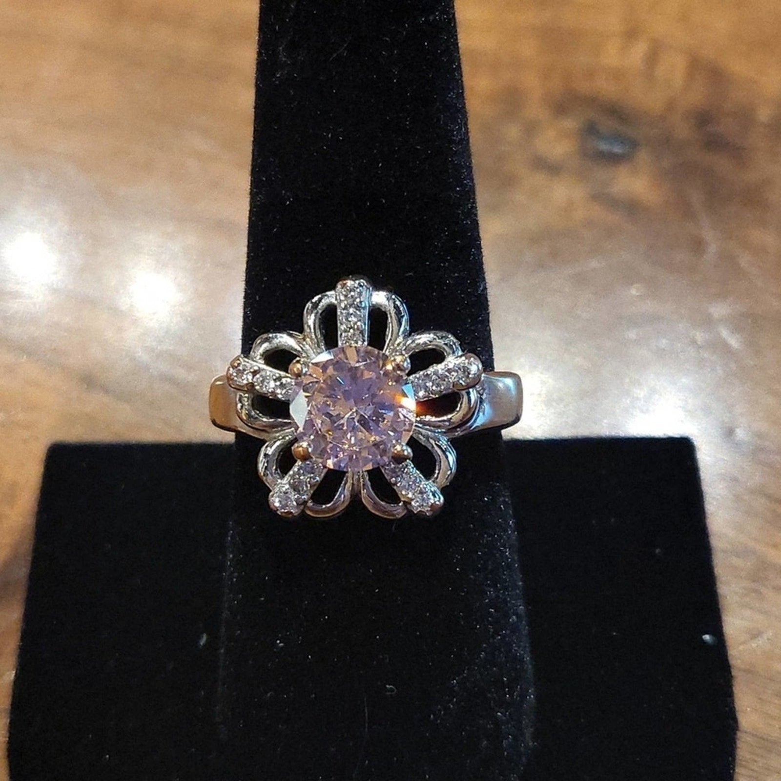 Floral ring with pink center stone with rhinestones on each petal | Size 8