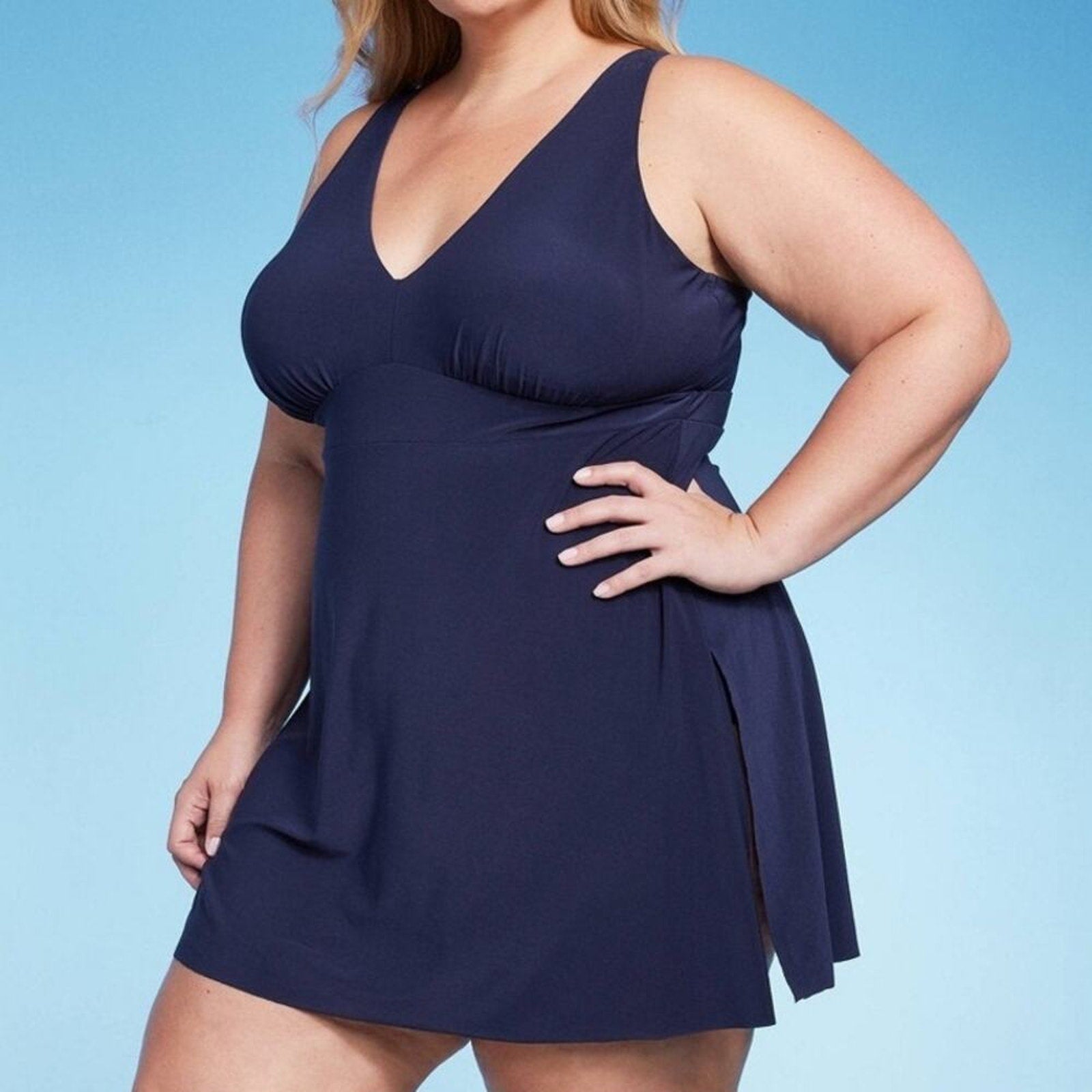 UPF 50 V-Neck Side Slit Swim Dress | Aqua Green