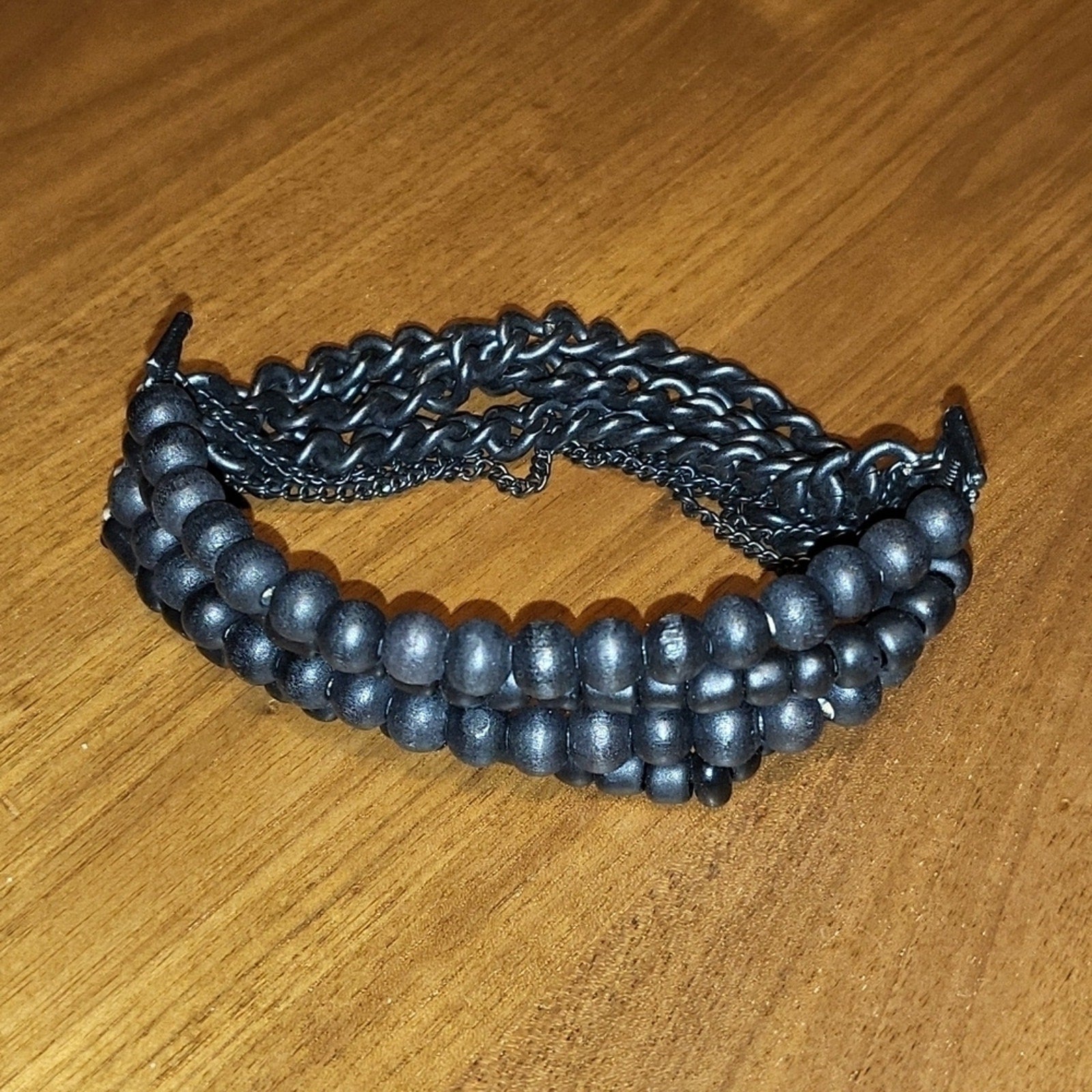 Black beaded and chain fashion stretch bracelet