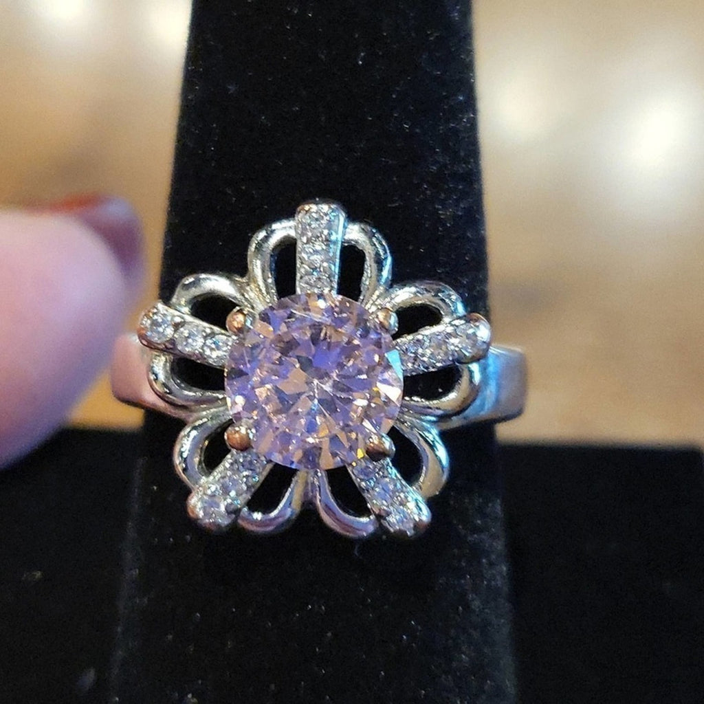Floral ring with pink center stone with rhinestones on each petal | Size 8
