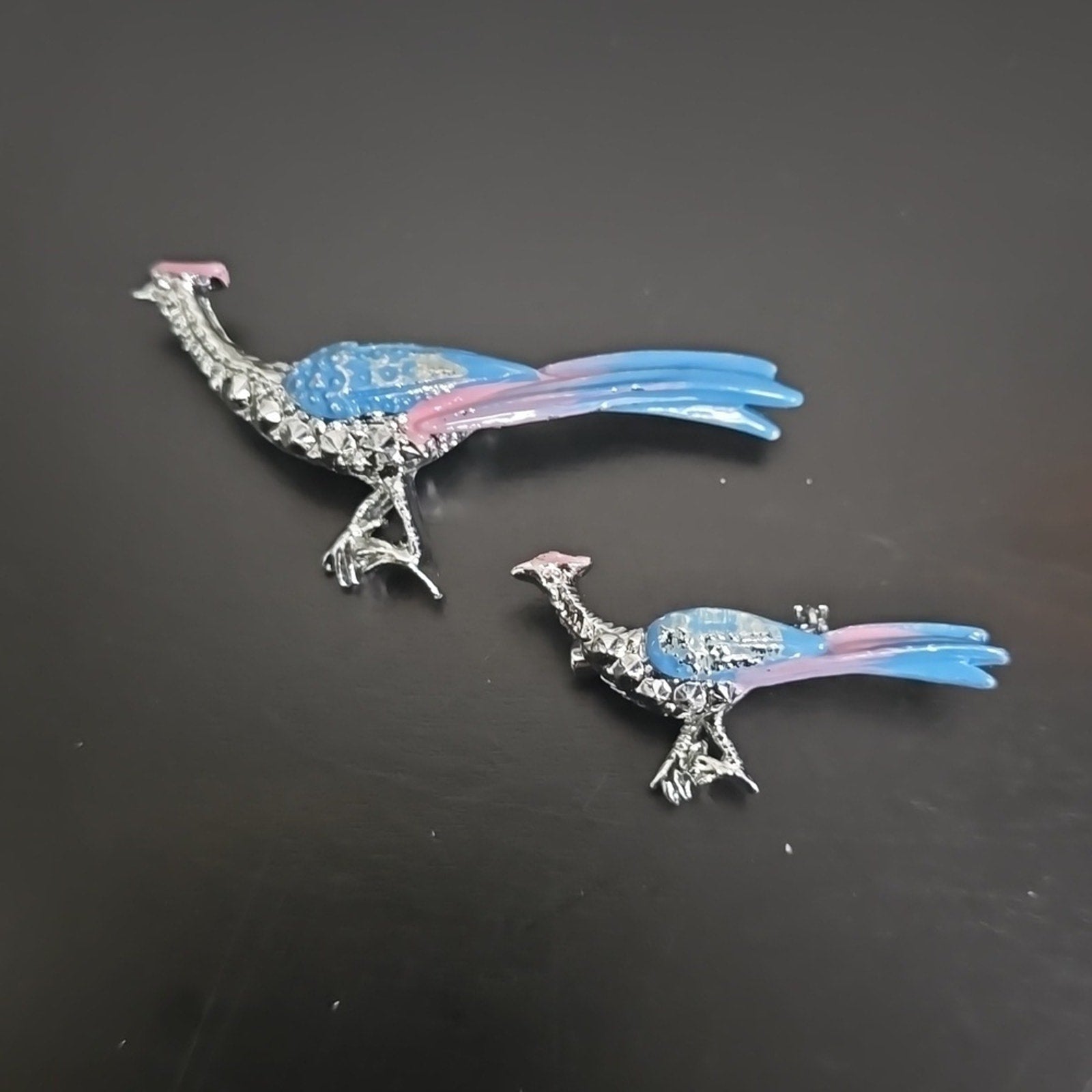 Vintage Silver-Toned Pink and Blue Enamel Pheasant Bird Brooch Set of 2