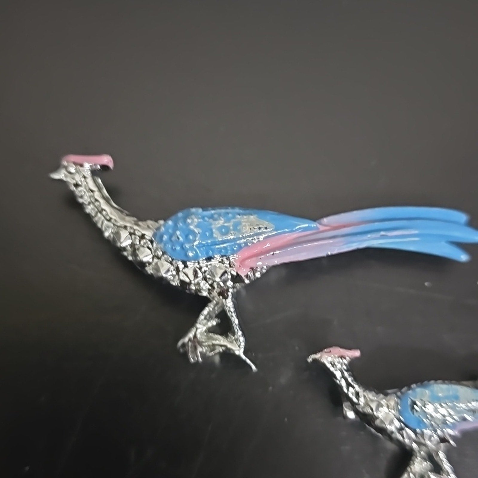 Vintage Silver-Toned Pink and Blue Enamel Pheasant Bird Brooch Set of 2