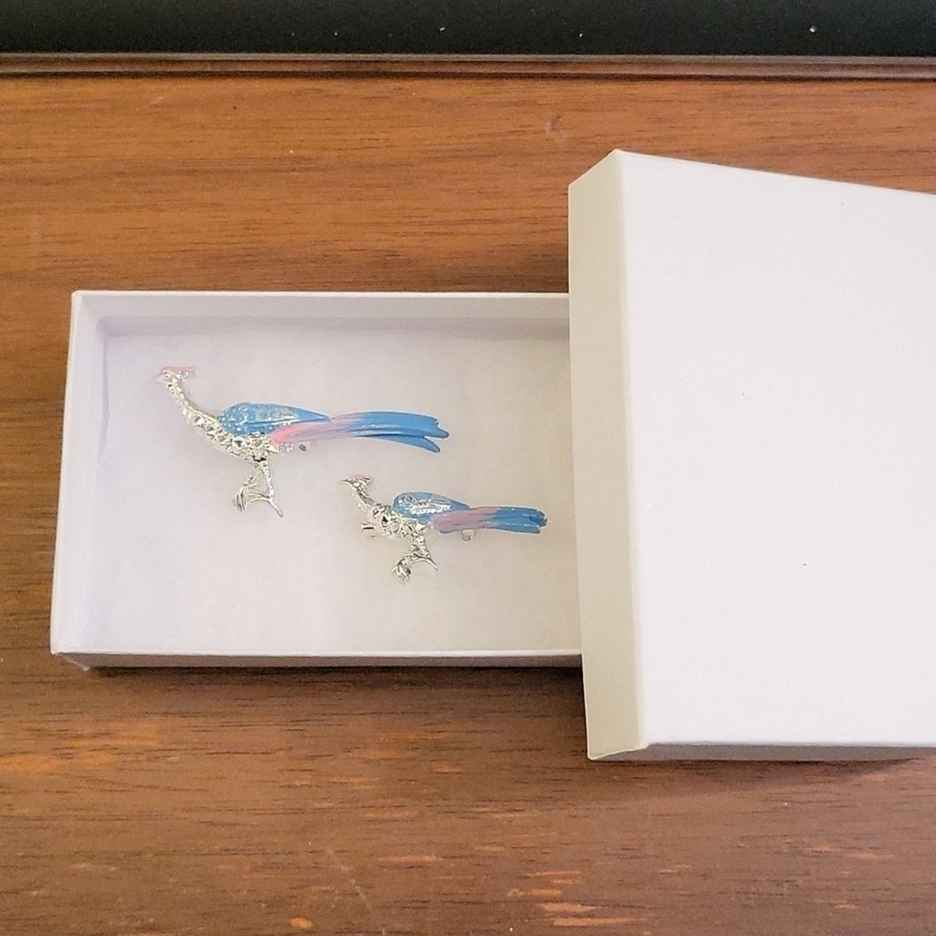 Vintage Silver-Toned Pink and Blue Enamel Pheasant Bird Brooch Set of 2