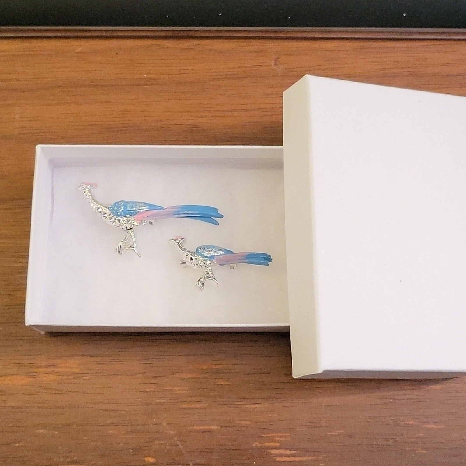 Vintage Silver-Toned Pink and Blue Enamel Pheasant Bird Brooch Set of 2