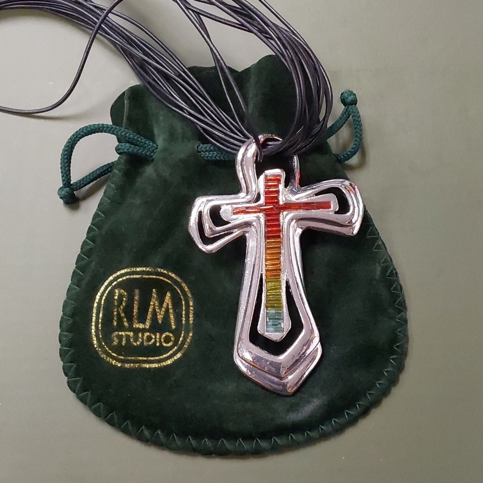 Colorful Cross Pendant Necklace on Multi-Strand Black Cord