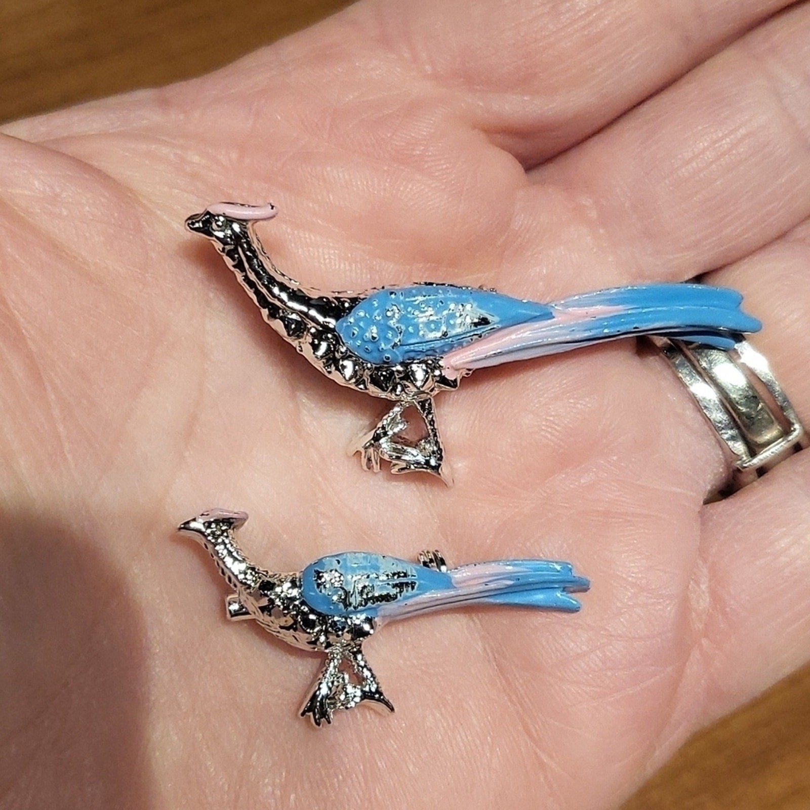 Vintage Silver-Toned Pink and Blue Enamel Pheasant Bird Brooch Set of 2