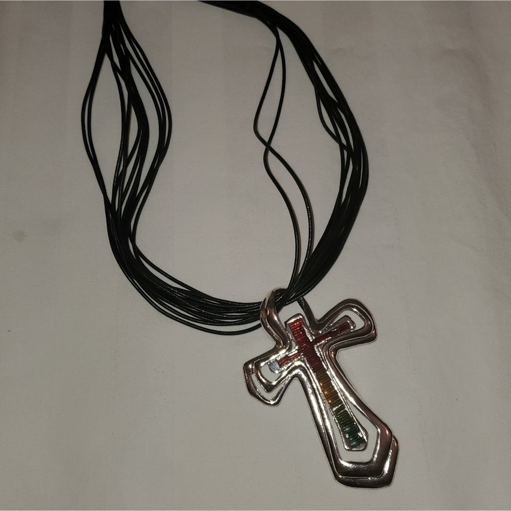 Colorful Cross Pendant Necklace on Multi-Strand Black Cord