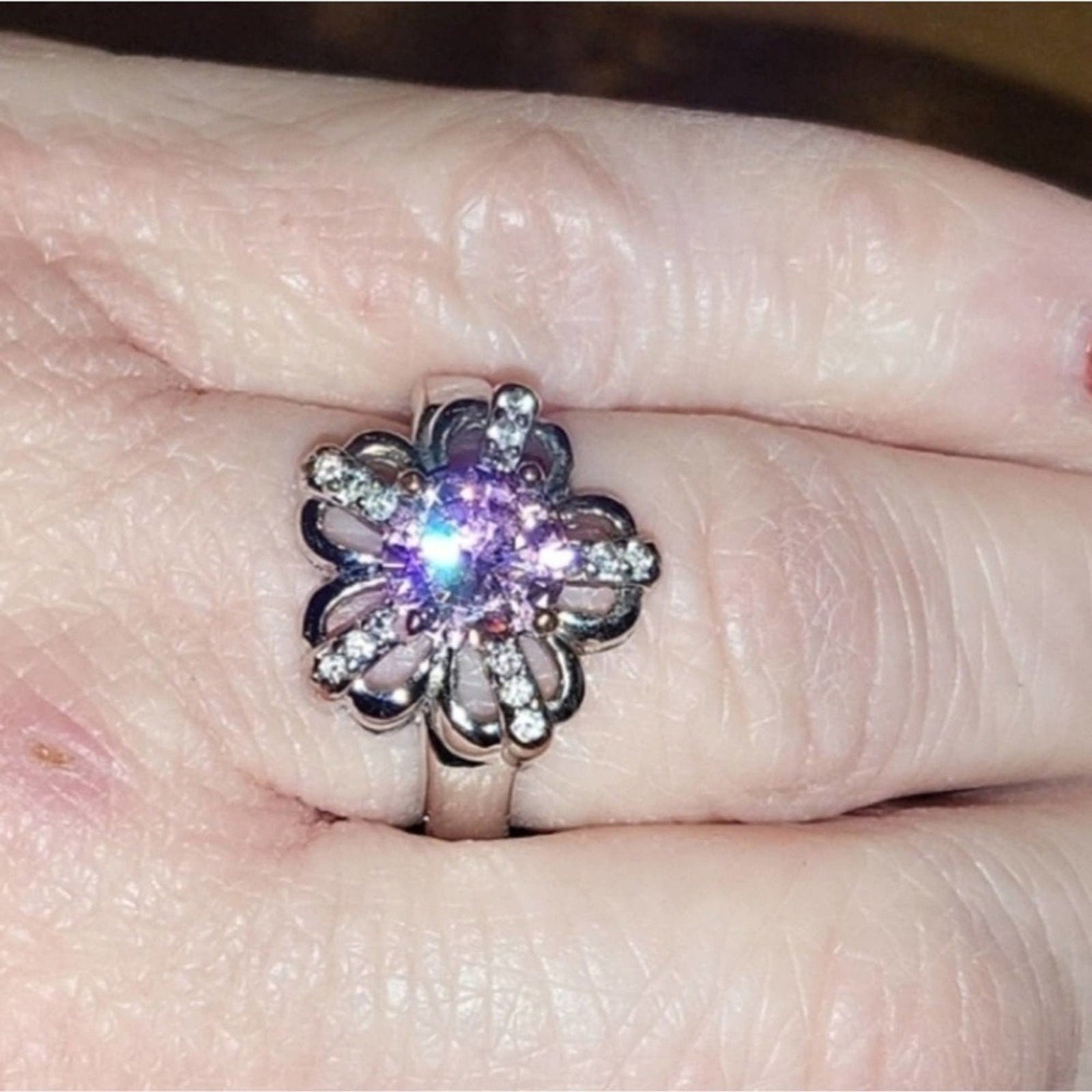 Floral ring with pink center stone with rhinestones on each petal | Size 8