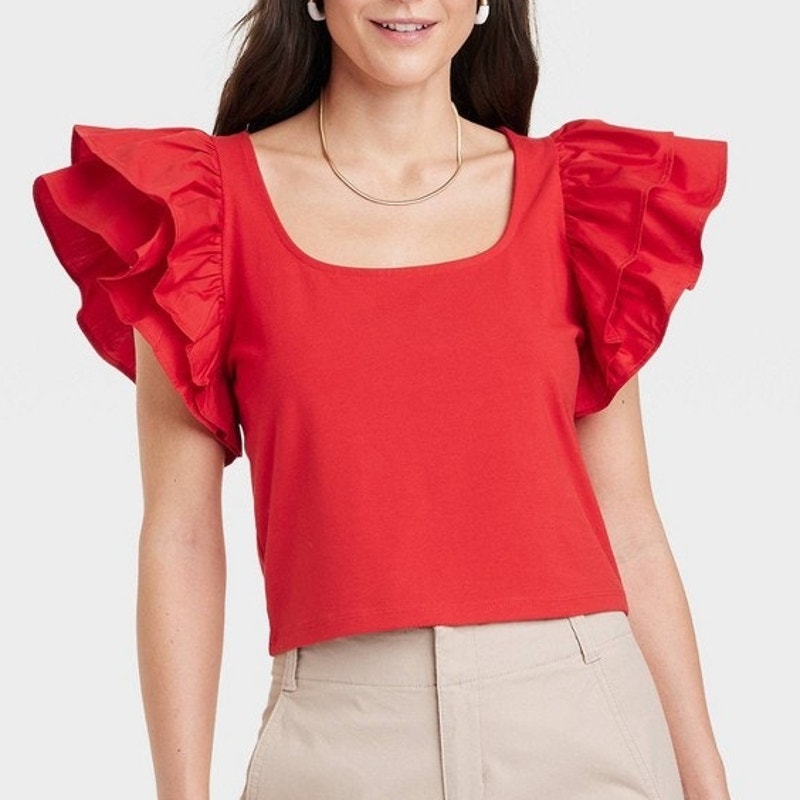 Women's Double Flutter Short Sleeve Slim Fit Top | a New Day | X Large