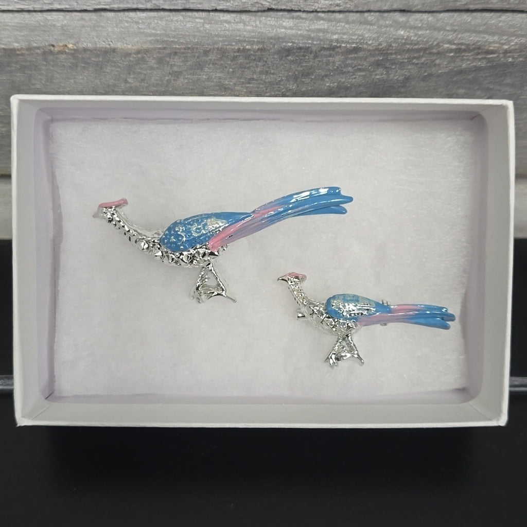 Vintage Silver-Toned Pink and Blue Enamel Pheasant Bird Brooch Set of 2