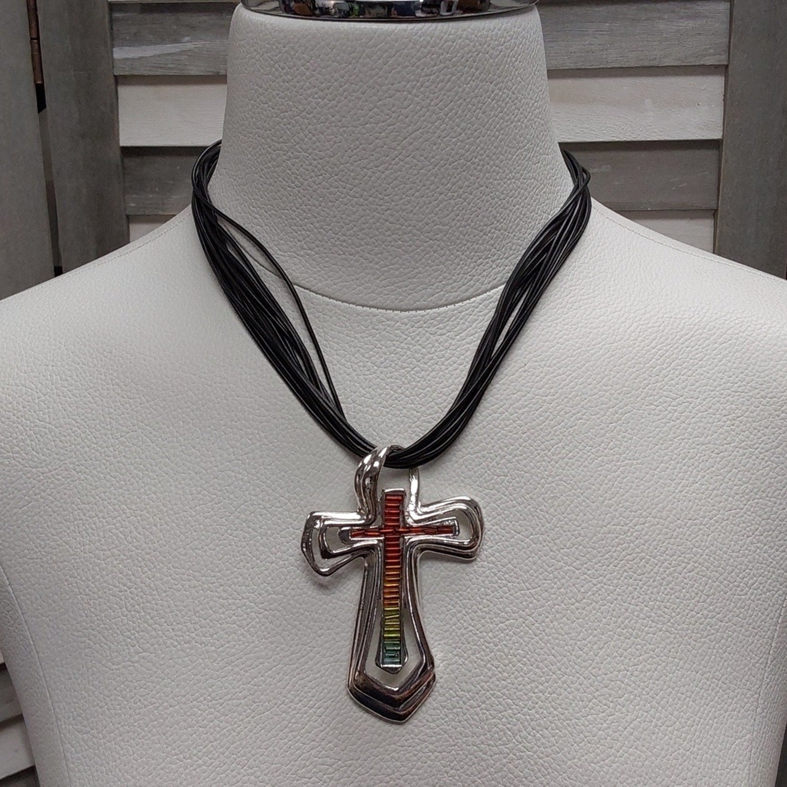 Colorful Cross Pendant Necklace on Multi-Strand Black Cord