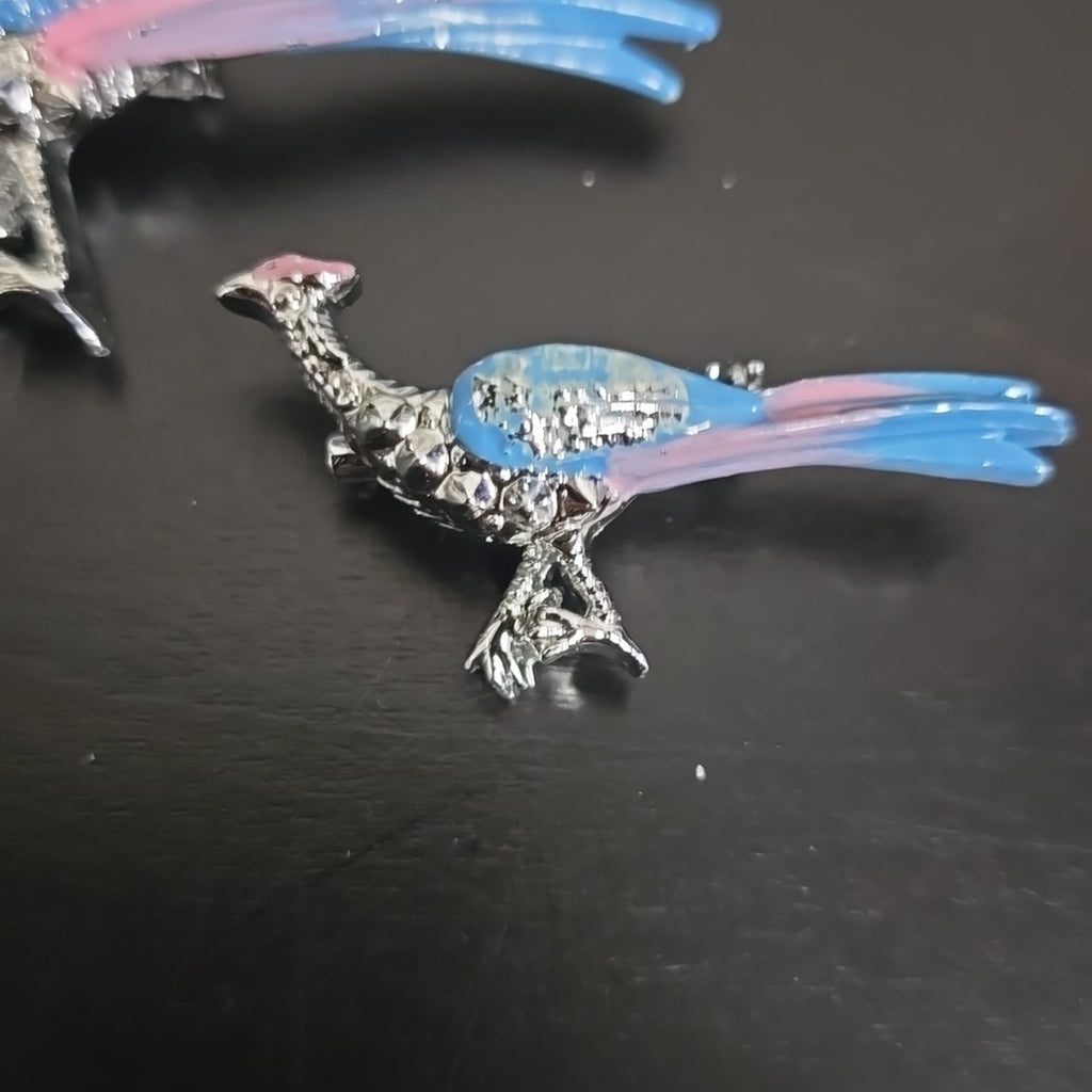 Vintage Silver-Toned Pink and Blue Enamel Pheasant Bird Brooch Set of 2