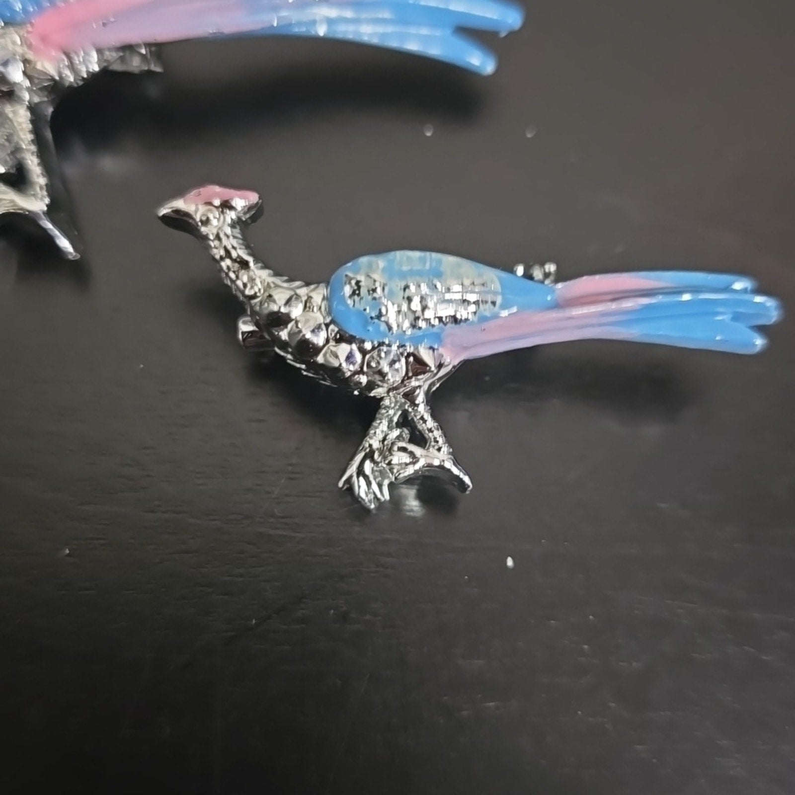 Vintage Silver-Toned Pink and Blue Enamel Pheasant Bird Brooch Set of 2