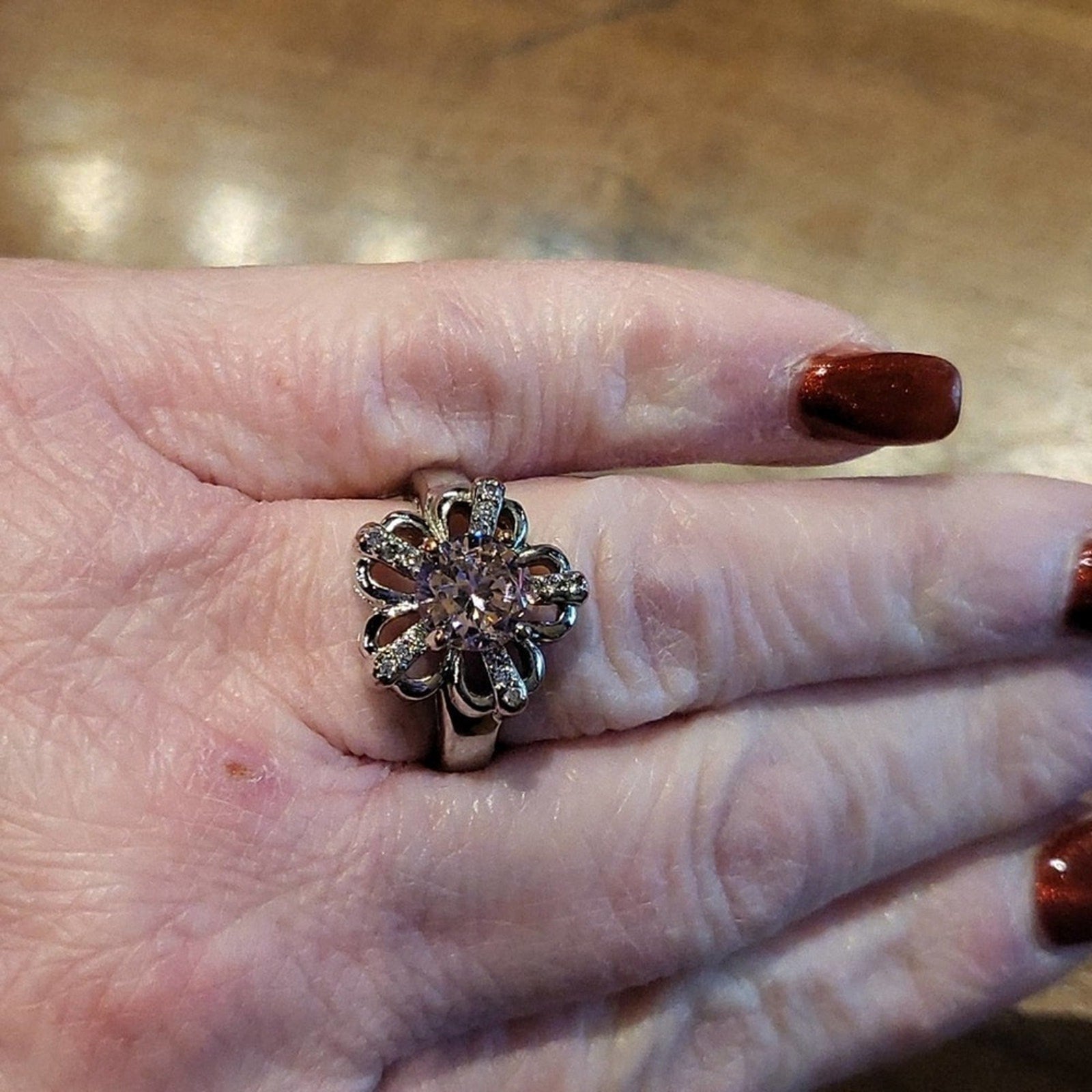 Floral ring with pink center stone with rhinestones on each petal | Size 8