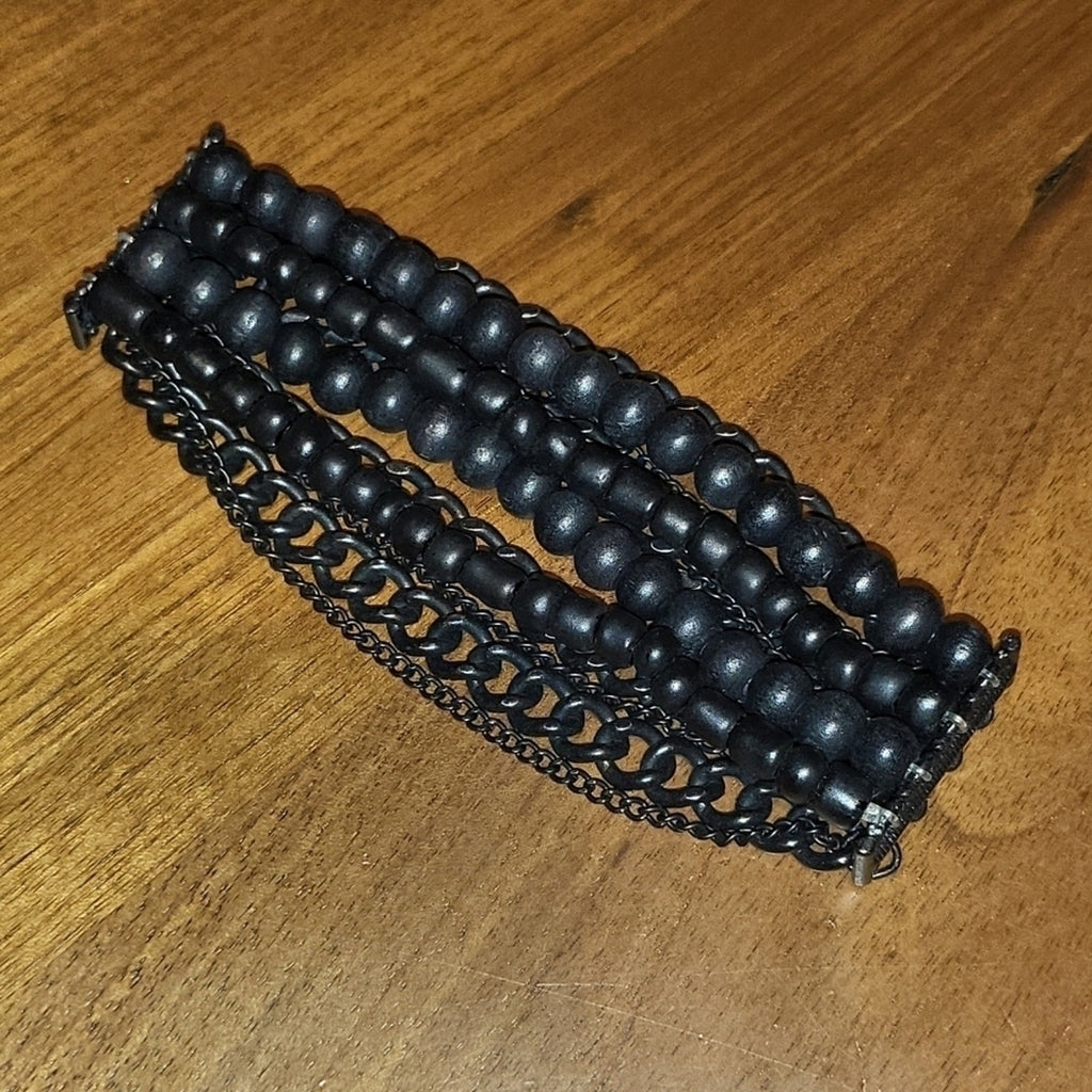 Black beaded and chain fashion stretch bracelet