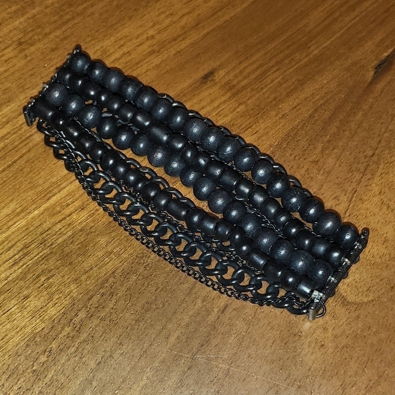 Black beaded and chain fashion stretch bracelet