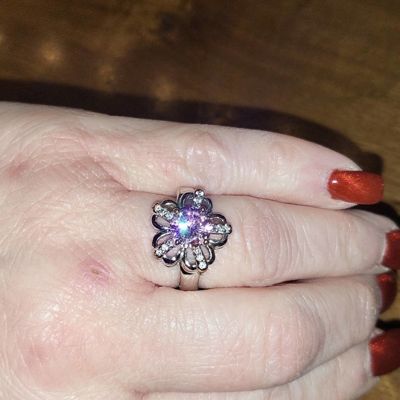 Floral ring with pink center stone with rhinestones on each petal | Size 8